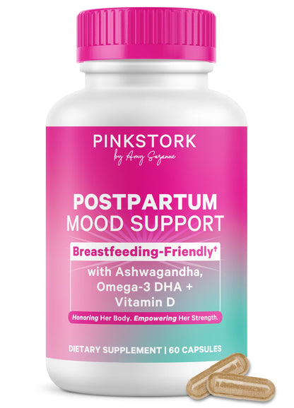 Pink Stork Postpartum Mood Support, 30-Day Supply | Postnatal Supplement for Women, Breastfeeding Friendly, Ashwagandha, Saffron, DHA, Methylated B12, Stress & Cognitive Support