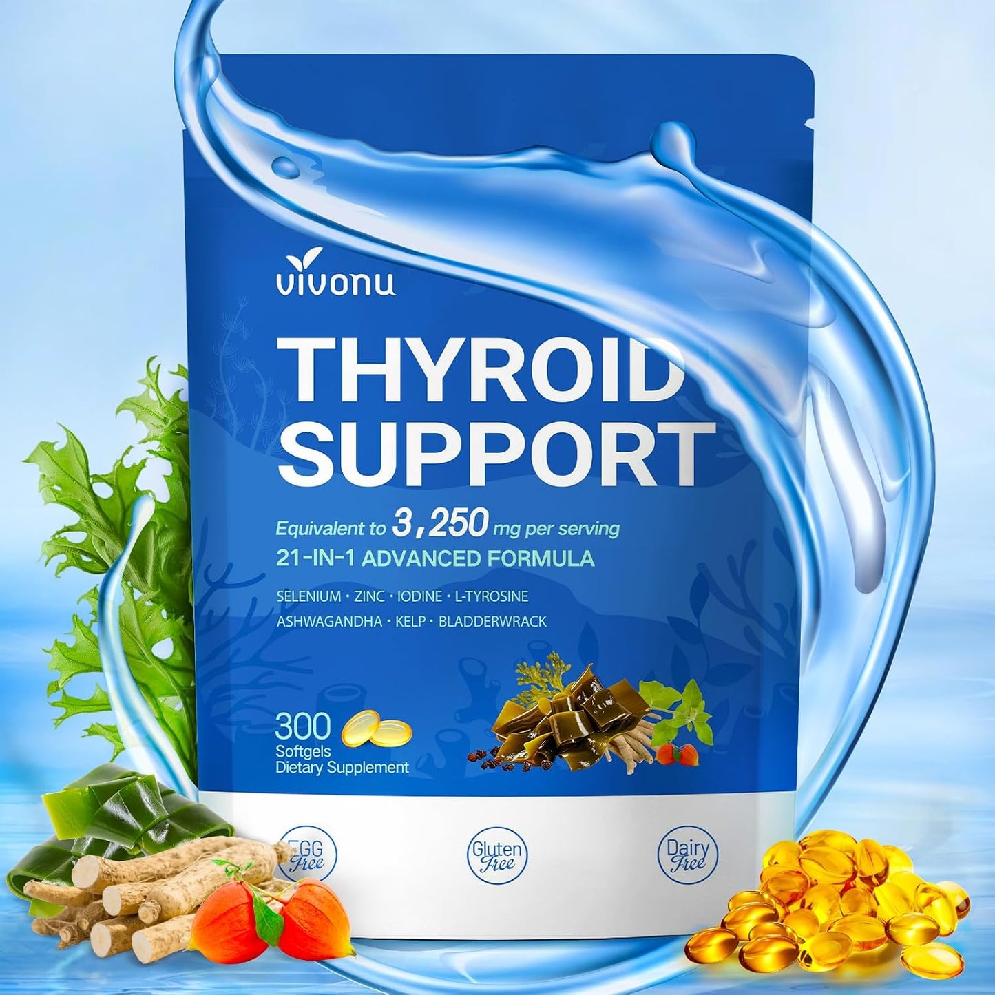 VivoNu Thyroid Support Supplement with Iodine, B12,Folate, Zinc, Selenium, Ashwagandha, Non-GMO, Vegetarian, 100 Day Supply