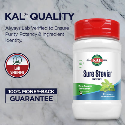 KAL Sure Stevia Extract Powder, Low Carb, Plant Based Stevia Sweetener, Great Taste, Zero Calories, Zero Sugar, Low Glycemic & Perfect for a Keto Diet, 60-Day Guarantee, Approx. 1820 Servings, 3.5oz