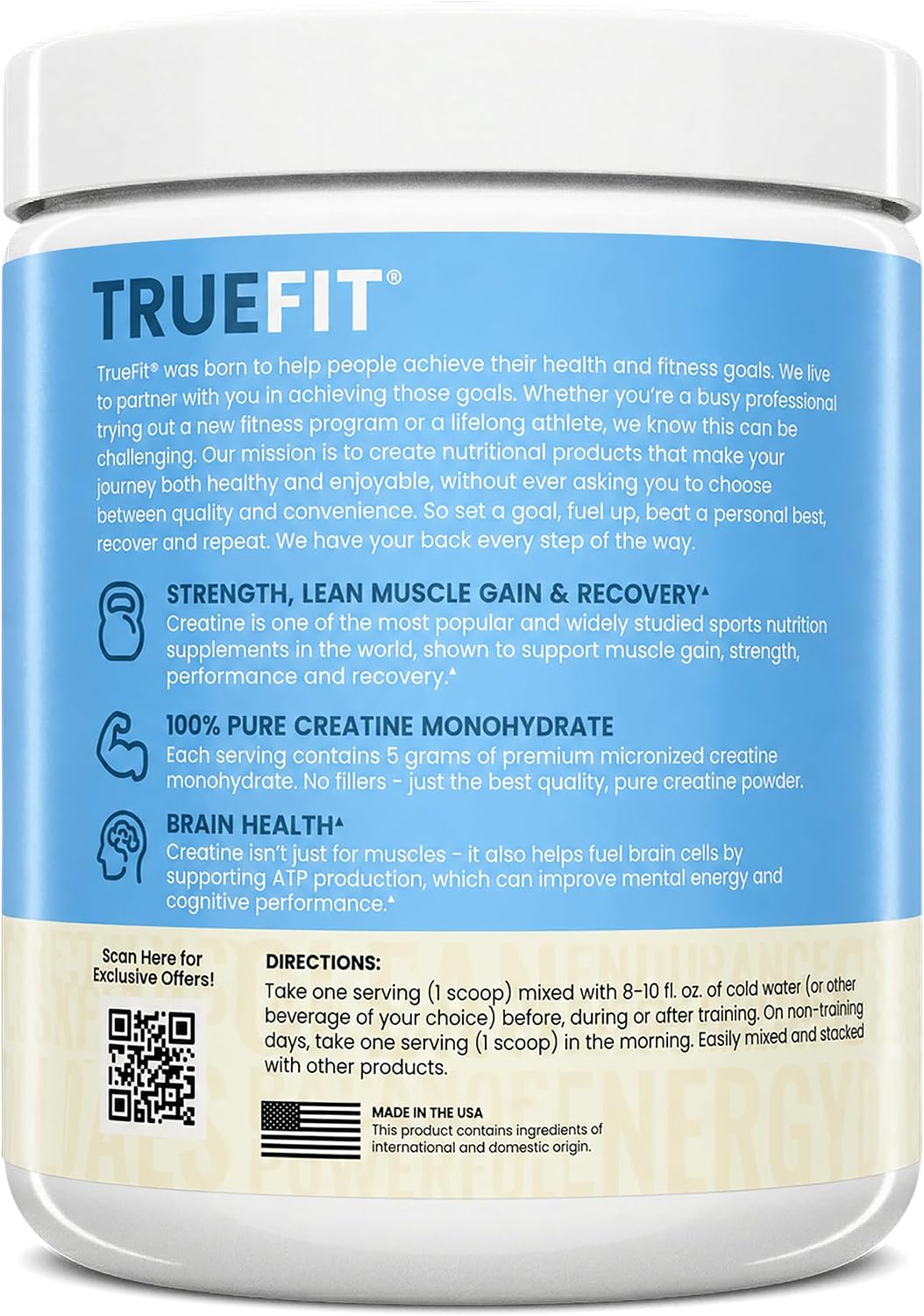 TrueFit Creatine Monohydrate Powder for Women & Men - 5g Pure Micronized | Premium Creatine Monohydrate for Strength, Lean Muscle, Recovery + Focus & Brain Health - Mixes Clean, Third Party Tested