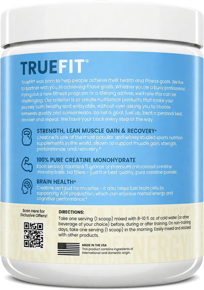 TrueFit Creatine Monohydrate Powder for Women & Men - 5g Pure Micronized | Premium Creatine Monohydrate for Strength, Lean Muscle, Recovery + Focus & Brain Health - Mixes Clean, Third Party Tested