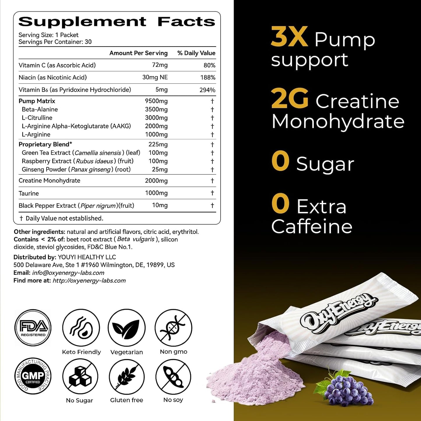 OxyEnergy Max Pump Stim-Free Pre Workout Powder for Men & Women, Nitric Oxide Booster, Grape Flavor, 30 Stick Packs Blood Flow & Energy with L-Citrulline, Beta Alanine, Creatine