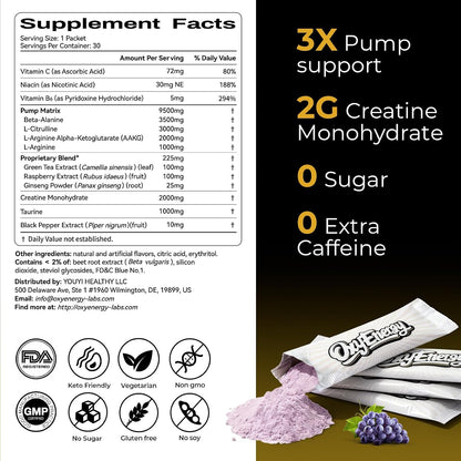 OxyEnergy Max Pump Stim-Free Pre Workout Powder for Men & Women, Nitric Oxide Booster, Grape Flavor, 30 Stick Packs Blood Flow & Energy with L-Citrulline, Beta Alanine, Creatine