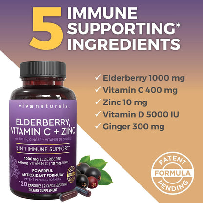 Viva Naturals Organic Turmeric Curcumin Supplement with Black Pepper and Ginger and Elderberry, Vitamin C, Zinc and Vitamin D3 5000 IU Bundle for Joint, Immune Support, Heart, Digestive Health
