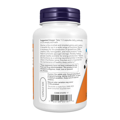 NOW Foods Supplements, Glycine 1,000 mg Free-Form, Neurotransmitter Support*, 100 Veg Capsules
