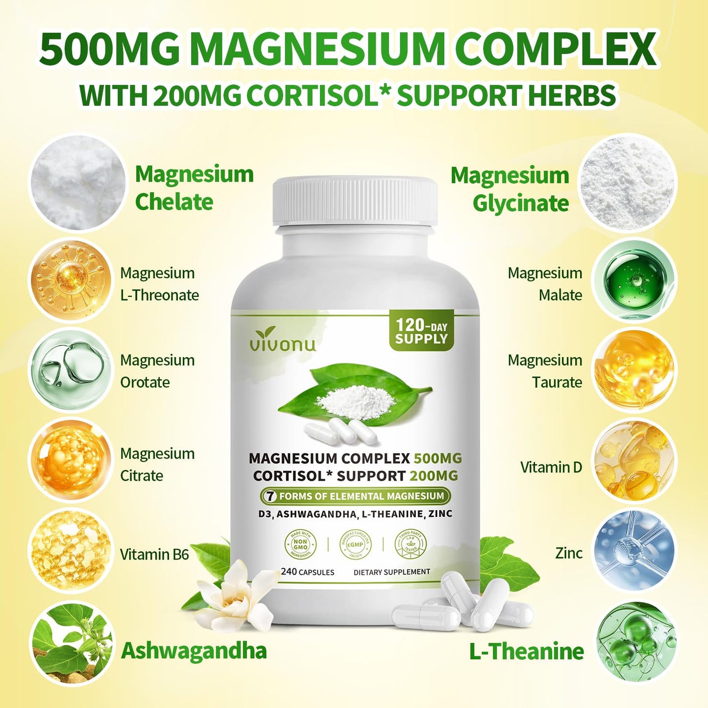 Triple Magnesium Complex for Women and Men, Magnesium Glycinate 400mg, Malate, Citrate, High Absorption Chelated Magnesium Supplement Support Sleep, Muscle, Non-GMO, Gluten Free - 240 Capsules