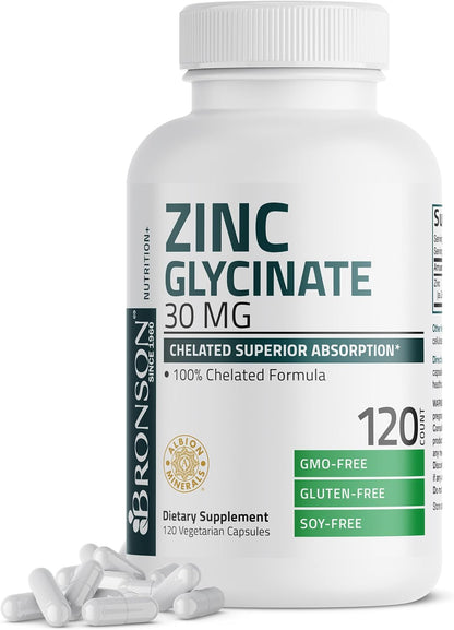 Bronson Zinc Glycinate 30mg Chelated Superior Absorption 100% Chelated Formula Non-GMO, 120 Vegetarian Capsules