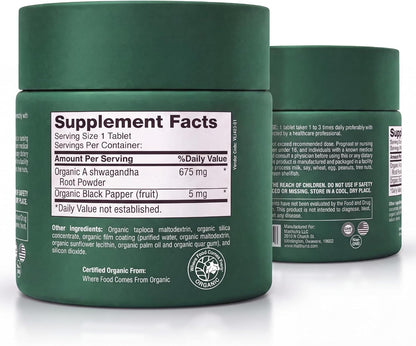 Ashwagandha 675mg - Organic Ashwagandha Supplement for Men & Women - Non-GMO Premium Adaptogen Herbal Supplement for Stress Management Support Restful Sleep Daily Energy & Focus Wellness Tablets