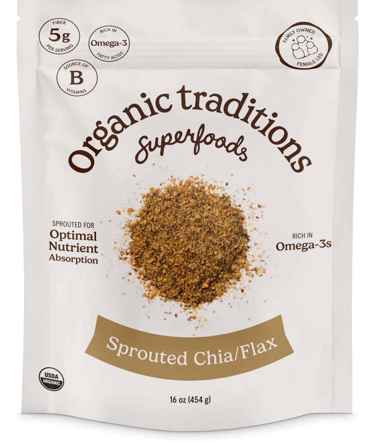 Organic Traditions Sprouted Chia and Flax Seed Powder, Organic Chia Seeds and Flax Blend for Smoothies Baking Oatmeal Egg Substitute, Plant Based Non GMO High Fiber Omega 3 Superfood, 454g / 16 oz Bag
