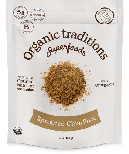 Organic Traditions Sprouted Chia and Flax Seed Powder, Organic Chia Seeds and Flax Blend for Smoothies Baking Oatmeal Egg Substitute, Plant Based Non GMO High Fiber Omega 3 Superfood, 454g / 16 oz Bag