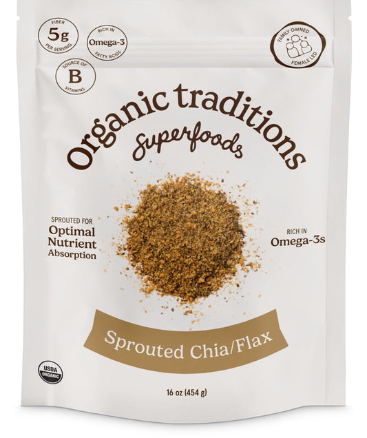 Organic Traditions Sprouted Chia and Flax Seed Powder, Organic Chia Seeds and Flax Blend for Smoothies Baking Oatmeal Egg Substitute, Plant Based Non GMO High Fiber Omega 3 Superfood, 454g / 16 oz Bag