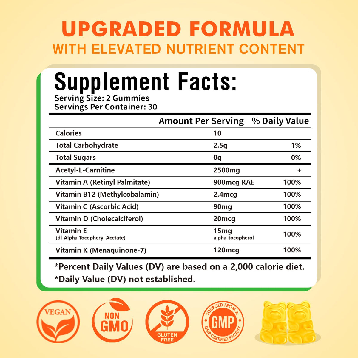2 Pack Acetyl L-Carnitine Supplement, Natural Nutrition Supplement for Boost Energy, Immunity, Vegan, Orange Flavor, 120 Count