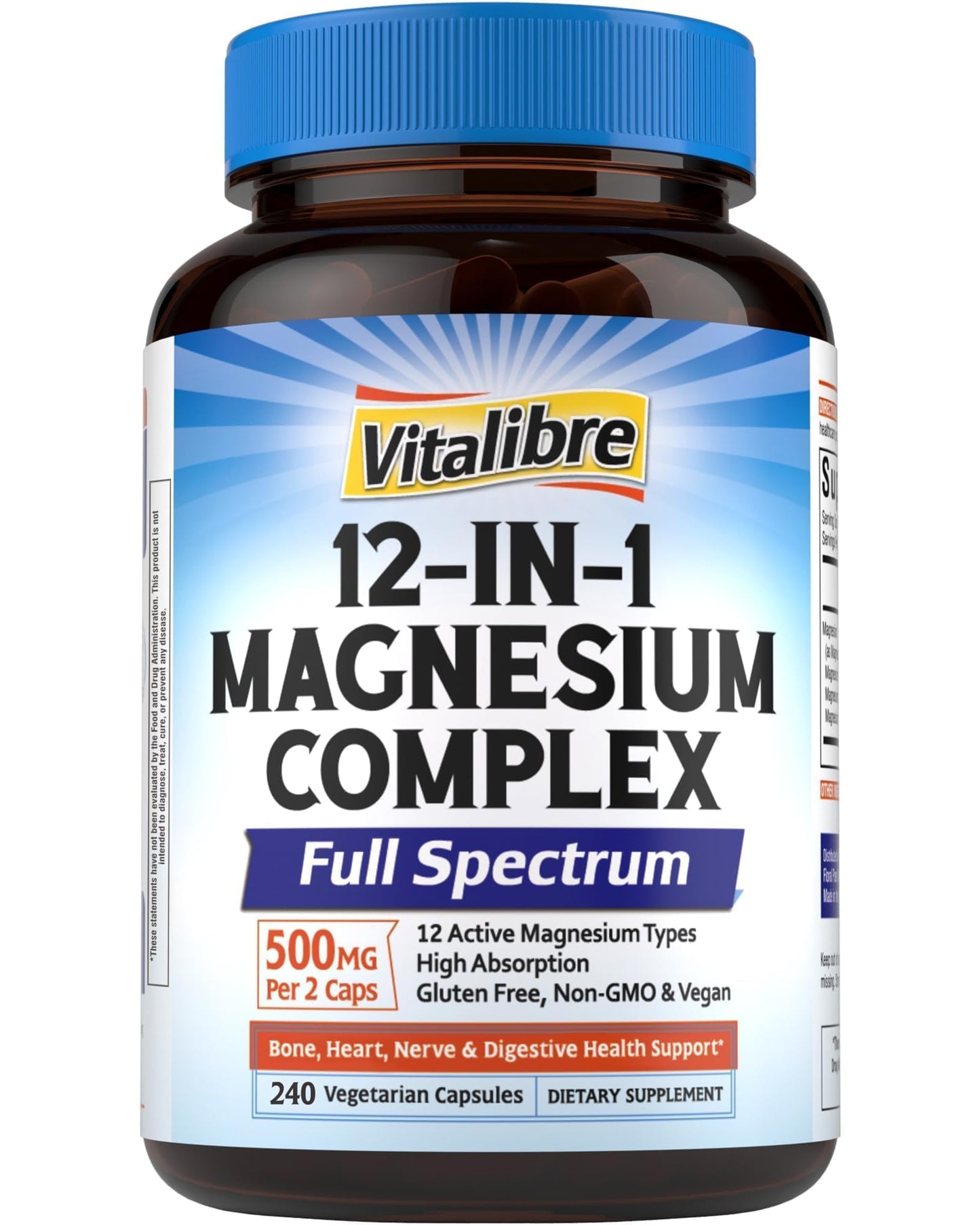 Vitalibre 12 in 1 Magnesium Complex 500mg for Women Men, 120 Vegan Capsules | Max Absorption Chelated Magnesium Glycinate Citrate Malate & More for Bone, Nerve & Digestive Support | Non-GMO