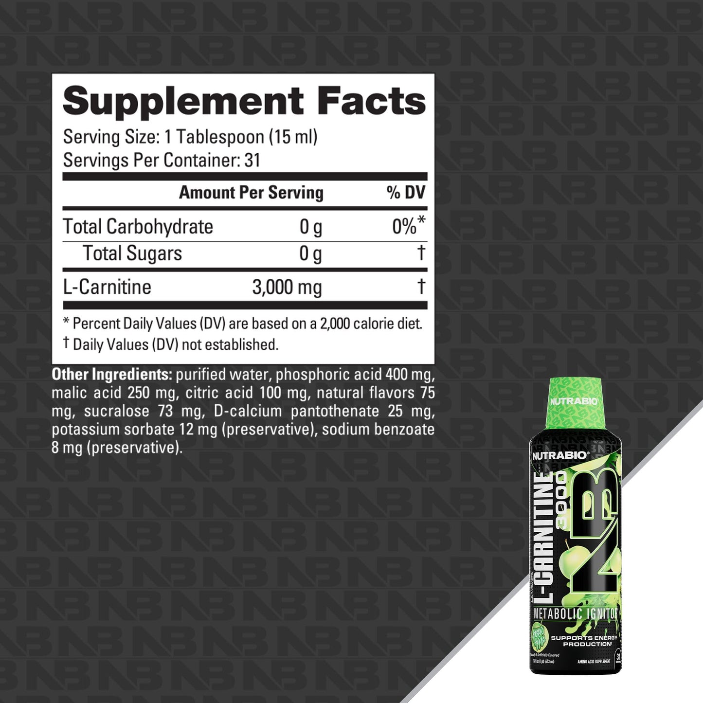 NutraBio – L-Carnitine Liquid Shots – 3000mg, (Green Apple) – 10mg of Vitamin B-5 – Zero Carbs & Sugars – Energy Production – Muscle Recovery
