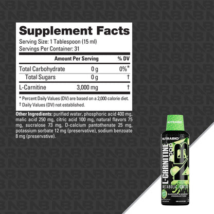 NutraBio – L-Carnitine Liquid Shots – 3000mg, (Green Apple) – 10mg of Vitamin B-5 – Zero Carbs & Sugars – Energy Production – Muscle Recovery