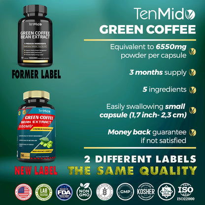Green Coffee Bean Extract Capsules 6550mg, 3 Months Supply with Garcinia, Olive, Green Tea