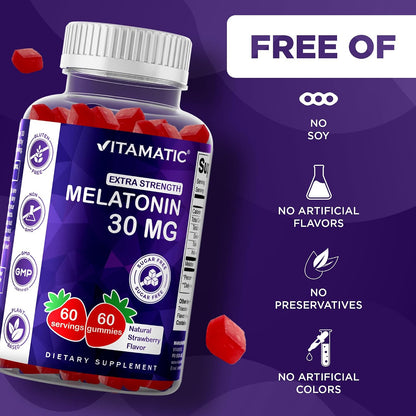 Vitamatic Extra Strength Melatonin 30 mg, 60 Gummies | Natural Strawberry Flavor, Non-Habit Forming, Non-GMO, Gluten Free, Sugar Free, Pectin Based