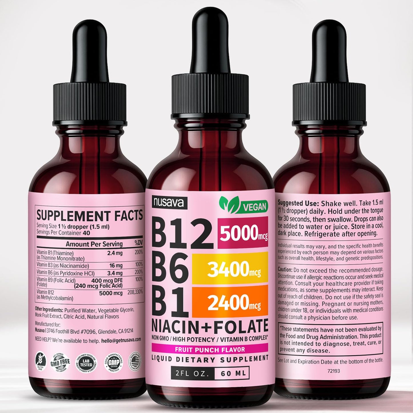 NUSAVA (2 Pack) Vitamin B12 Liquid Drops with B6, B1, Niacin & Folate — B12 Sublingual Vitamin B Complex, Methylcobalamin 5000 mcg, for Energy, Brain & Heart Support, Raspberry Flavor, 80 Servings