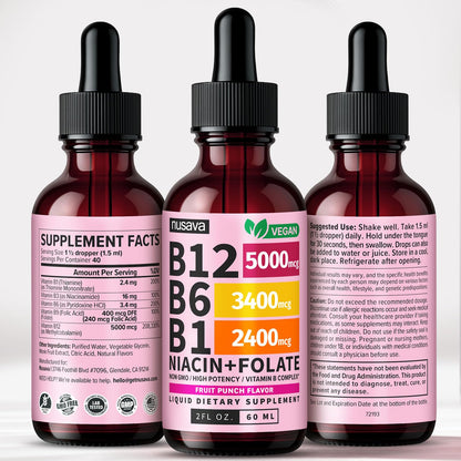 NUSAVA (2 Pack) Vitamin B12 Liquid Drops with B6, B1, Niacin & Folate — B12 Sublingual Vitamin B Complex, Methylcobalamin 5000 mcg, for Energy, Brain & Heart Support, Raspberry Flavor, 80 Servings