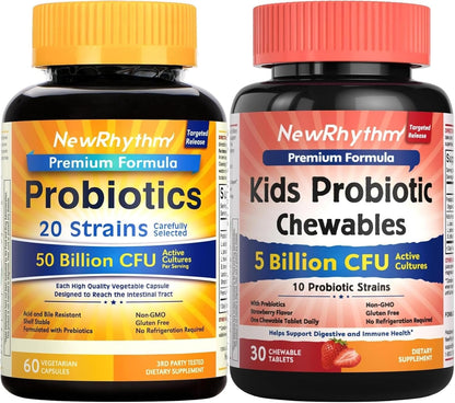 NewRhythm Probiotics 50 Billion CFU 20 Strains, 60 Veggie Capsules and Kids Probiotic Chewables, 5 Billion CFU 10 Strains