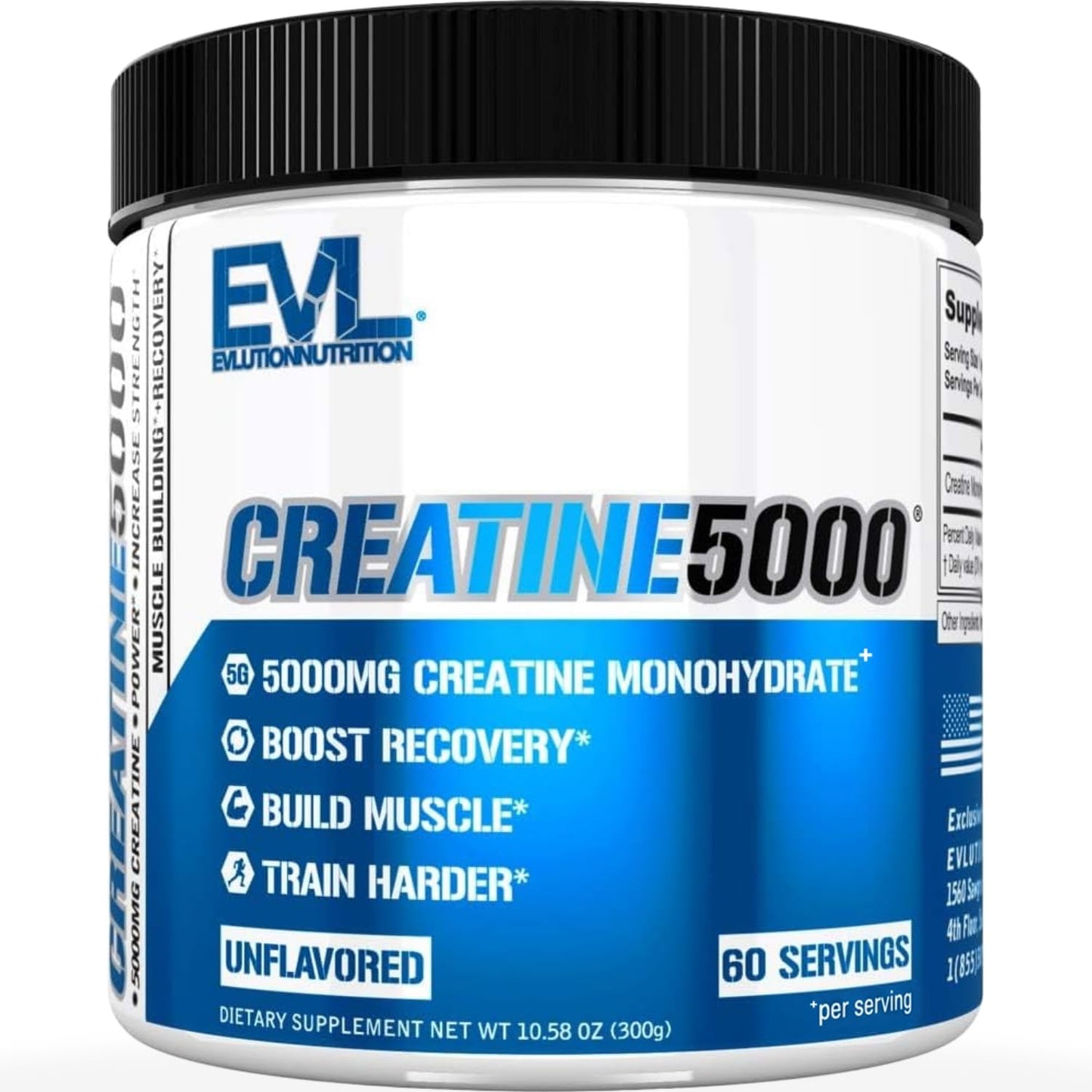 Evlution Nutrition Creatine 5000 - Supports Faster Recovery Lean Muscle Growth & Performance - Pre & Post Workout Powder - 5000mg Pure Creatine Monohydrate Per Serving - 60 Servings - Unflavored