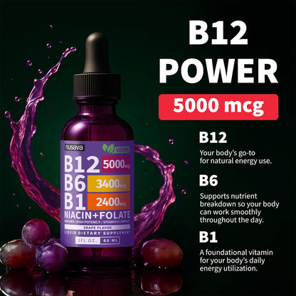 NUSAVA (2 Pack) Vitamin B12 Liquid Drops with B6, B1, Niacin & Folate — B12 Sublingual Vitamin B Complex, Methylcobalamin 5000 mcg, for Energy, Brain & Heart Support, Raspberry Flavor, 80 Servings