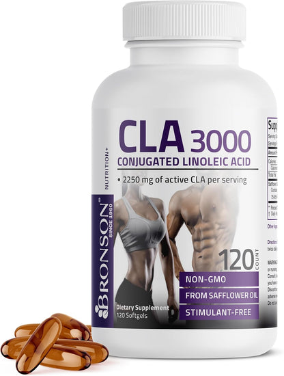 Bronson CLA 3000 Extra High Potency Supports Healthy Weight Management Lean Muscle Mass Non-Stimulating Conjugated Linoleic Acid 120 Softgels | 2250 mg Active CLA per Serving, Non-Stimulating, 100% Safflower Oil, Lean Body Mass Support, Non-GMO