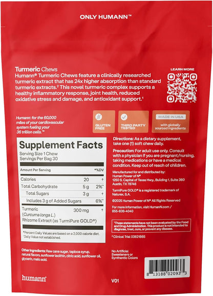 HumanN Turmeric Chews Supplement – Clinically Studied High Absorption Curcumin Complex - Orange Citrus Flavor – from SuperBeets Makers – Joint Health – 30 Count