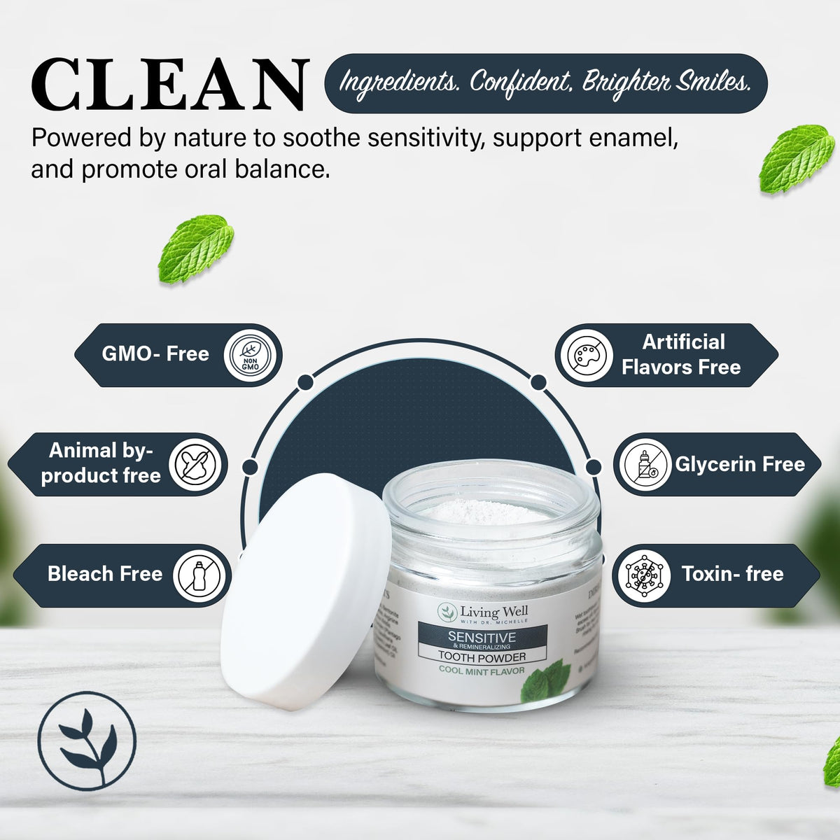 Living Well Dr. Michelle Remineralizing & Whitening Tooth Powder, Cool Mint