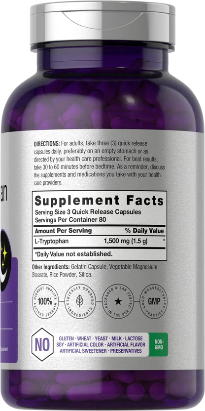 L Tryptophan 1500mg Capsules | 240 Count | Nighttime Formula | Non-GMO, Gluten Free