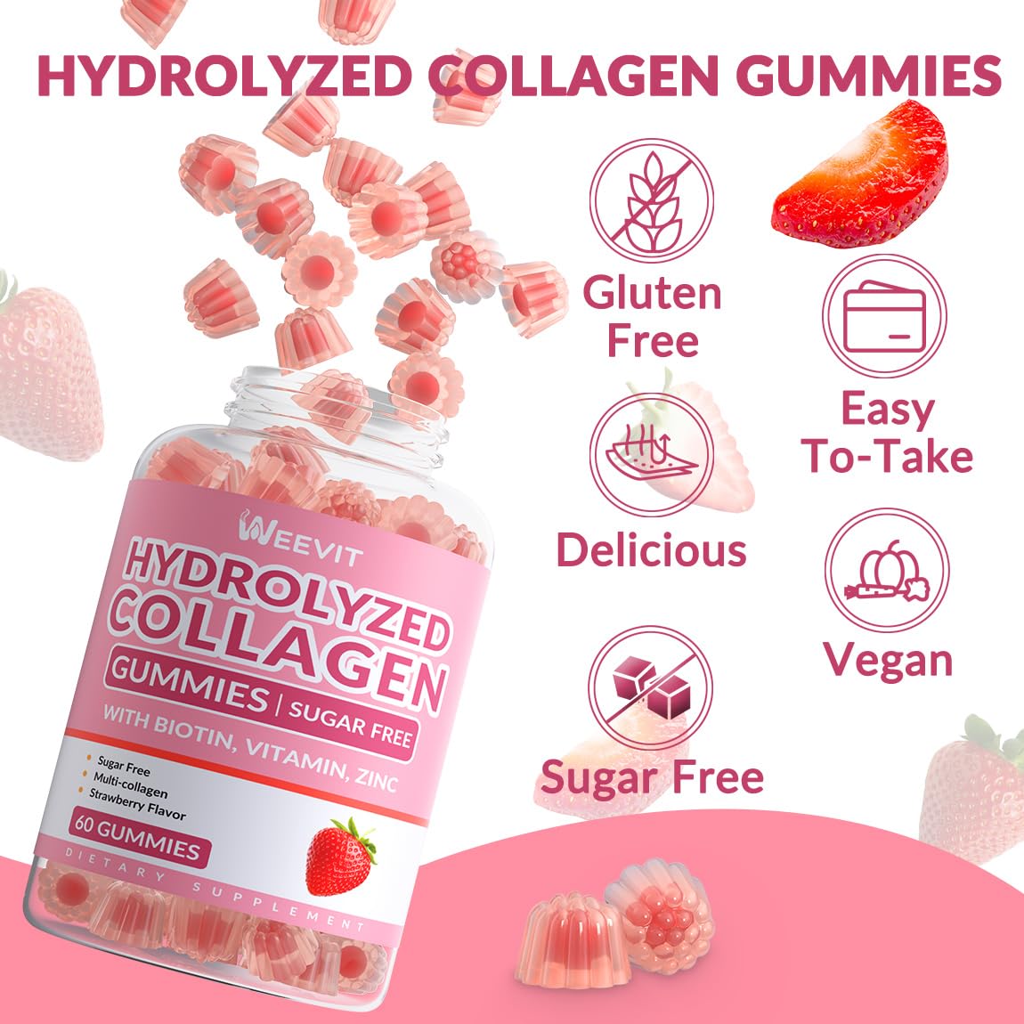 Collagen Gummies for Women, Vegan Hydrolyzed Collagen Peptides Gummies with Biotin