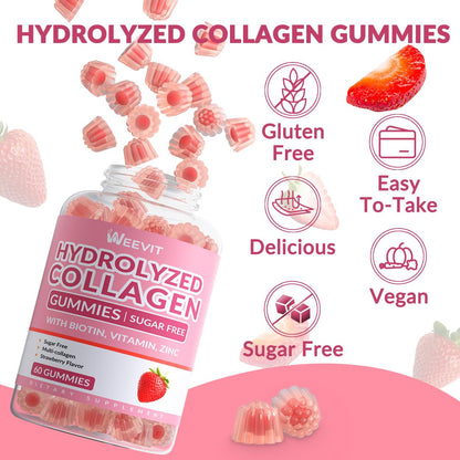 Collagen Gummies for Women, Vegan Hydrolyzed Collagen Peptides Gummies with Biotin