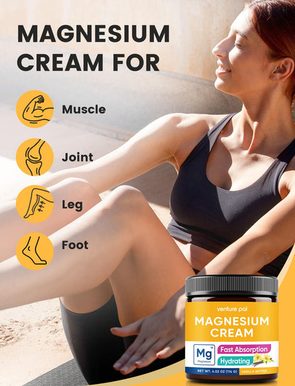 Venture Pal Topical Magnesium Cream, Highly Concentrated Magnesium Lotion | Fast-Absorbing Magnesium Moisturizing Cream with Coconut Oil, Shea Butter & Hyaluronic Acid; Suitable for Kids