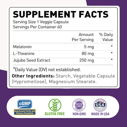 Melatonin 5mg Supplement with L-Theanine & Jujube Seed Extract, Support Sleep & Relaxation, Vegan, Non-GMO, 60 Capsules