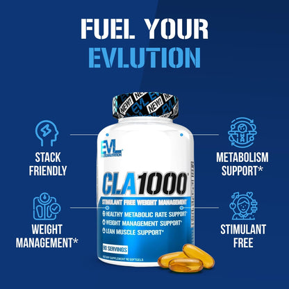 Evlution Conjugated Linoleic Acid CLA Supplement Nutrition Lean Muscle Mass Builder & Fat Burner for Men and Women - Stimulant-Free Safflower Based CLA 1000mg Blend Per Serving (90 Servings)