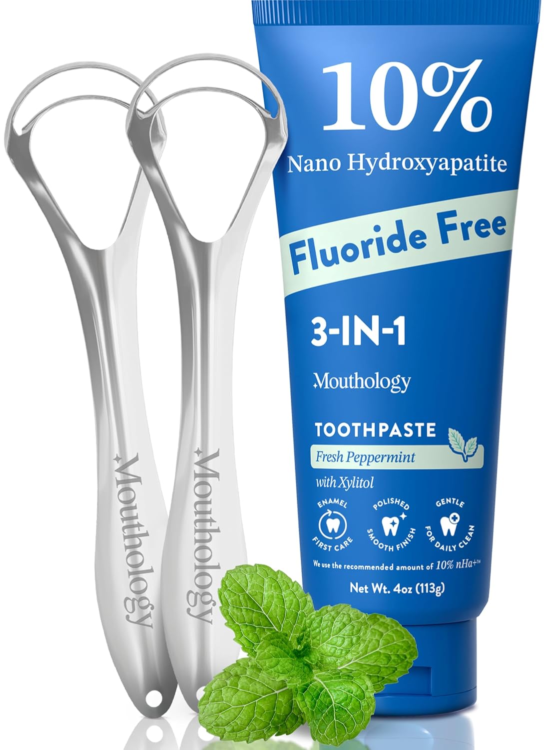 Mouthology 10% Nano Hydroxyapatite Toothpaste (Fluoride Free) and Tongue Scraper for Adults (2 Pack)
