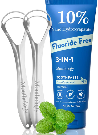 Mouthology 10% Nano Hydroxyapatite Toothpaste (Fluoride Free) and Tongue Scraper for Adults (2 Pack)