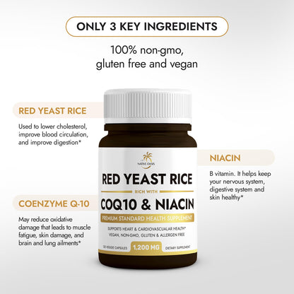 Native Oasis (2 Bottles) Red Yeast Rice 1,200 mg. Capsules Made with CoQ10 and Flush