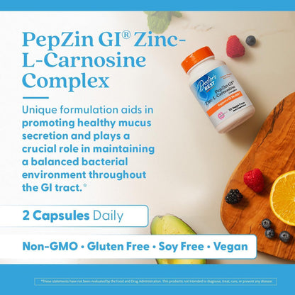 Doctor's Best PepZin GI, Zinc-L-Carnosine Complex for Men & Women - Zinc Carnosine Supplement Caps for Gut Health, Digestive Support, & Stomach Comfort, Vegan, Gluten Free - 120 Veg Capsules