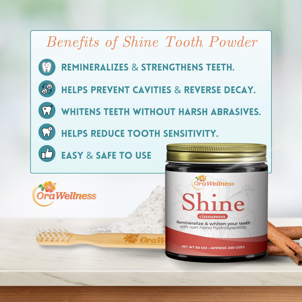 OraWellness Shine Remineralizing Tooth Powder with Hydroxyapatite, Mint