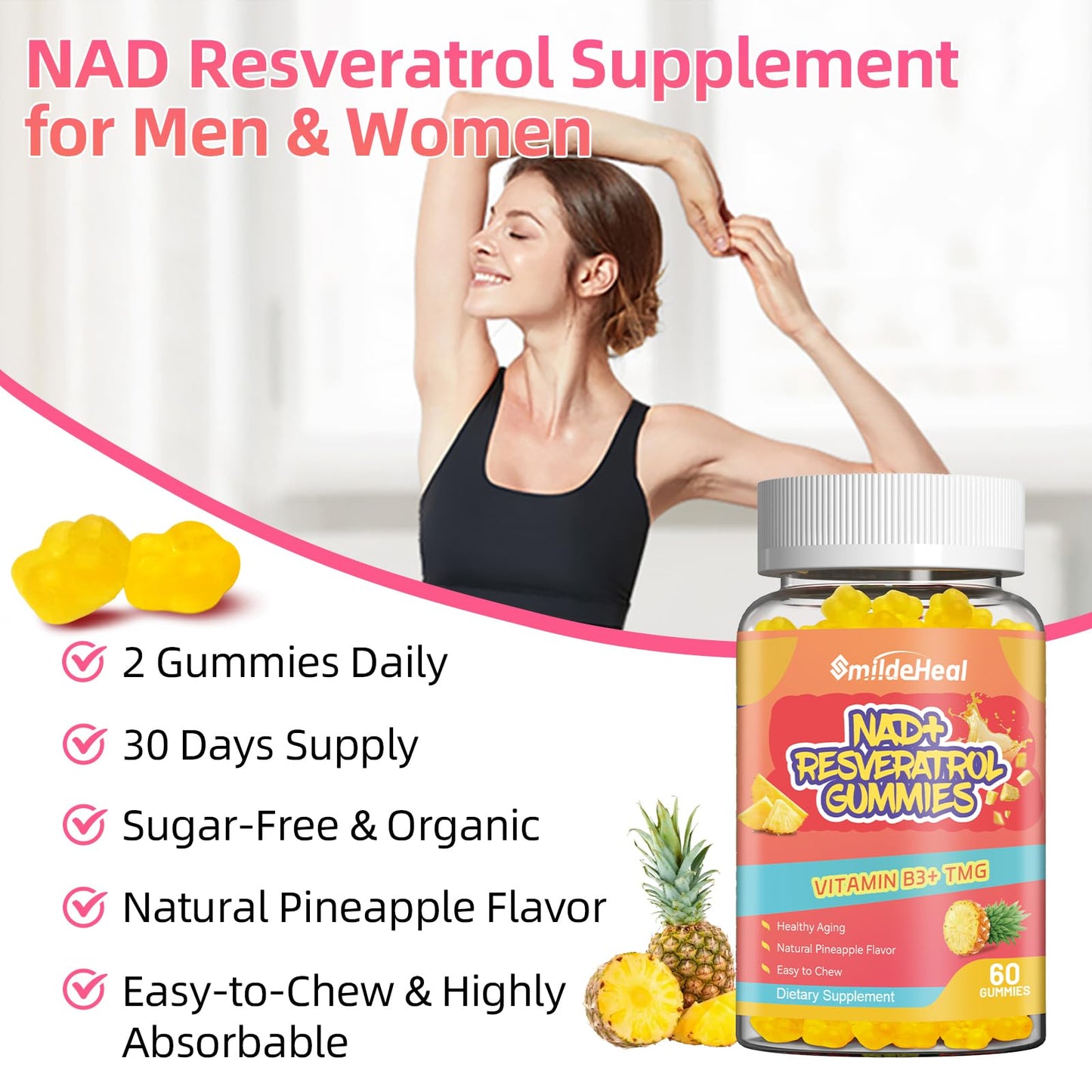 NAD+ Resveratrol Gummies NAD+ Supplement 500mg with Vitamin B3 & TMG – Healthy Aging, Energy & Cellular Health Support – Vegan Friendly, Natural Pectin – 60 Gummies, 30-Day Supply