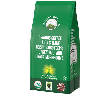 Peak Performance High Altitude Organic Coffee - Fair Trade, Low Acid, Non GMO, and Beans Full of Antioxidants - Medium Roast Smooth Tasting USDA Certified Organic Ground Coffee Bag 12 oz