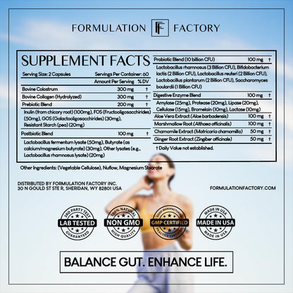 Formulation Factory Probiotics for Women & Men - Gut Intellect 10-in-1 Digestive Enzymes with Prebiotics and Postbiotics - Total Gut Health Supplement - 120 Capsules, 2 Month Supply