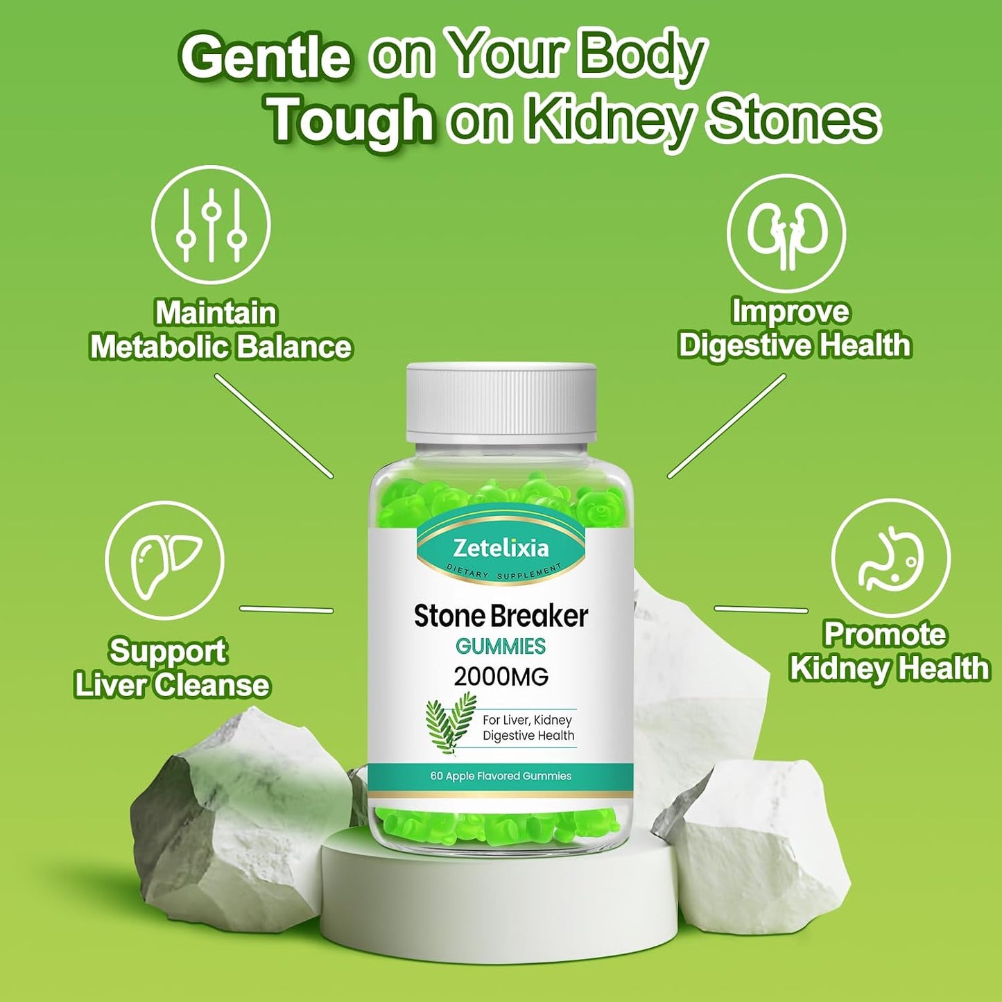 2 Pack Chanca Piedra Stone Breaker Gummies, Organic Herbal Supplement for Kidney Cleanse & Gallbladder Health, Kidney Stones Dissolver, Sugar Free, Vegan, Non-GMO, Apple Flavor