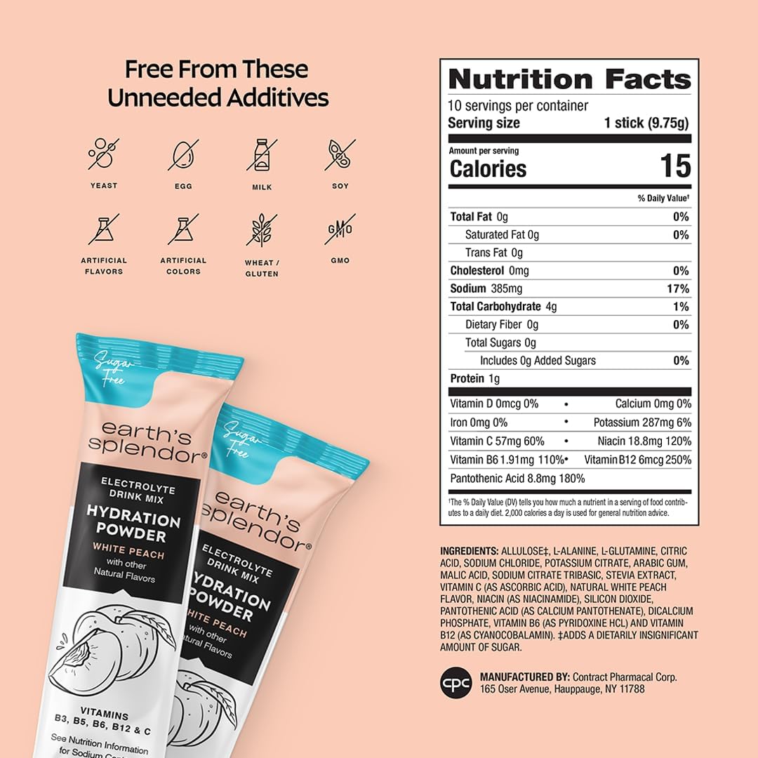 Earth's Splendor Electrolytes Powder Packets Sugar Free White Peach Hydration Sticks with Essential Vitamins for Energy & Sports Performance Travel-Friendly Single-Serve Packets for Daily Use 10 Pack