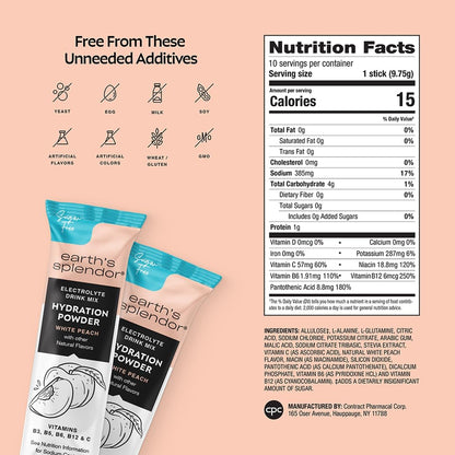 Earth's Splendor Electrolytes Powder Packets Sugar Free White Peach Hydration Sticks with Essential Vitamins for Energy & Sports Performance Travel-Friendly Single-Serve Packets for Daily Use 10 Pack