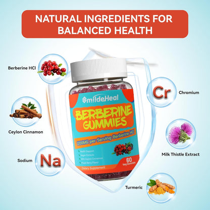 Berberine Gummies 1200mg with Ceylon Cinnamon 200mg, Milk Thistle Extract & Turmeric, Vegan Berry Flavor, Non-GMO, Gelatin-Free, Gluten-Free, 60 Count