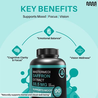 mastermedi Saffron Extract 88.5mg – Mood, Memory & Eye Health Support – 90 Vegan Capsules, 3-Month Supply – Pure Crocus Sativus Flower – Non-GMO, Gluten-Free, No Additives