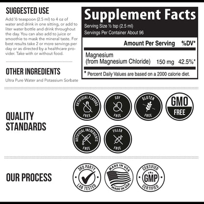 Liquid Magnesium | 8 oz - Ionic Magnesium Chloride, Highest & Fastest Absorption - Calm Mood, Sleep, Muscle Cramps & Spasms, Natural Laxative – Vegan, Glass Bottle (96 Servings)