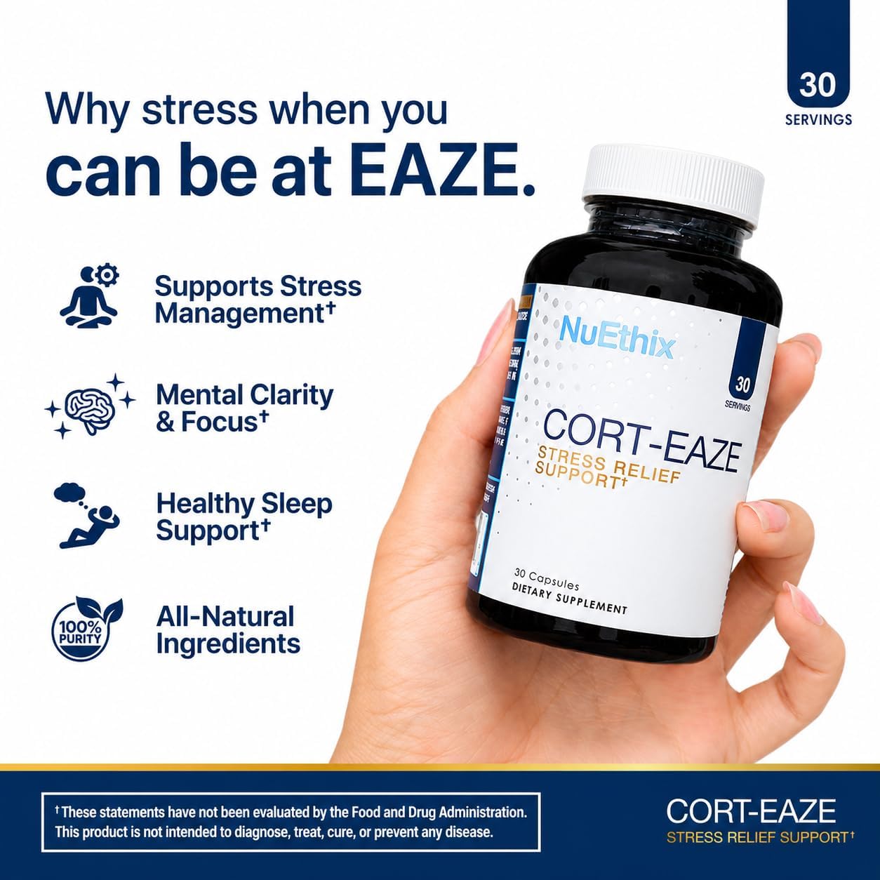 NuEthix Formulations Cort-Eaze - Cortisol Supplement - Health Support Supplement with Ashwagandha, L-Theanine & Rhodiola Rosea - Cortisol Reducer for Men & Women, 30 Servings